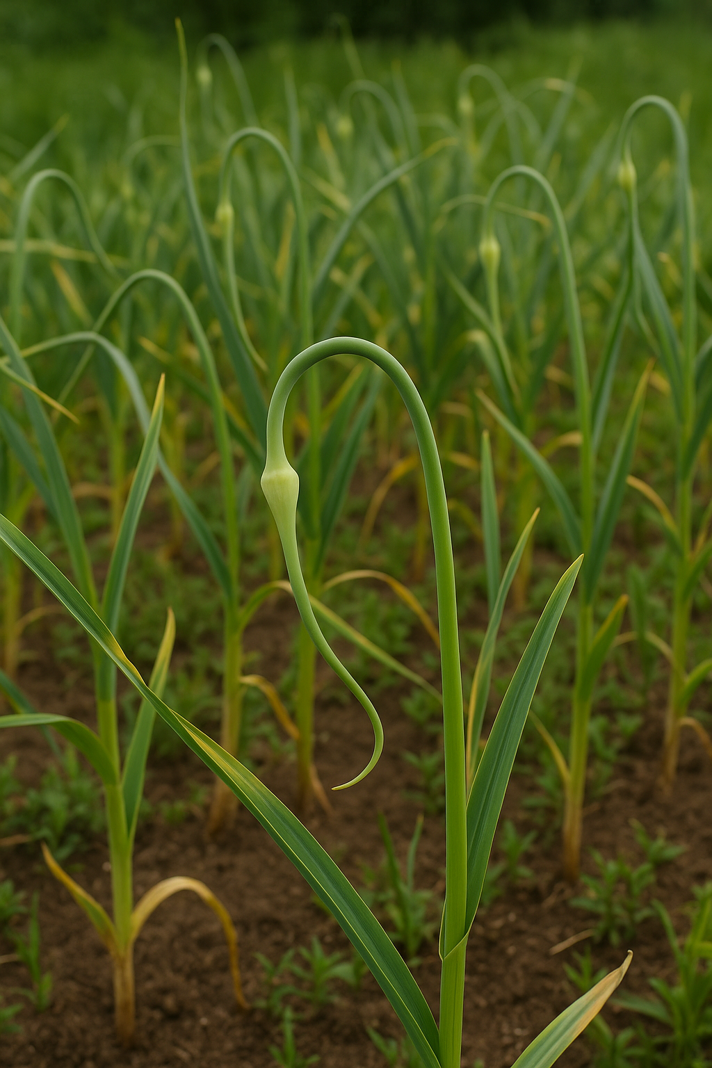 Curled garlic scape growing from a hardneck garlic plant in a Zone 5 garden